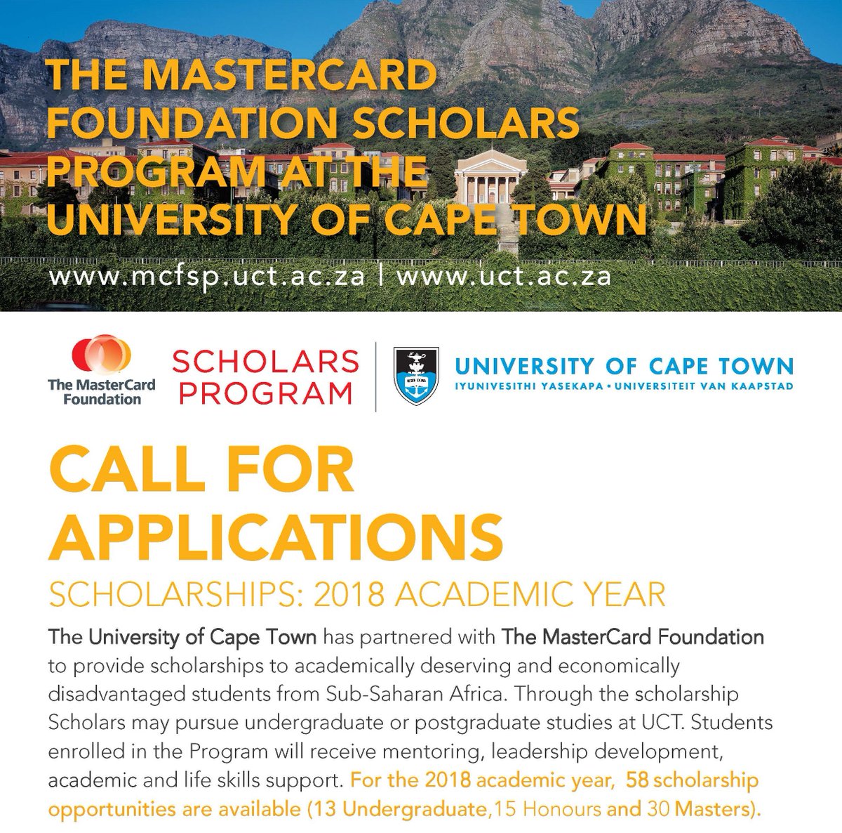 University of Cape Town MasterCard Foundation Scholars Program 2018 for study in South Africa (Fully Funded)